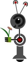 Cartoon funny robot holding a flower vector or color illustration