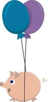 Cute cartoon picture of a fat pig tied to the strings of two balloons vector or color illustration