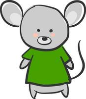 Drawing of a grey mouse in a green t-shirt vector or color illustration