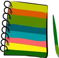 Clipart of a multi-colored wire-bound notebook and a green-colored pen vector or color illustration