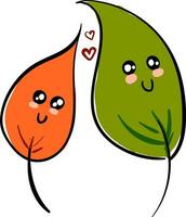 Painting of two love leaves centered with red hearts set on isolated white background vector or color illustration