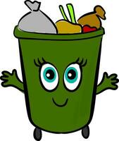 Happy green garbage , vector or color illustration
