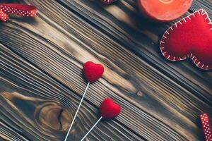 Valentines day concept. Hand make yarn red heart beside wooden block calendar set on Valentines date 14 February on table and bright room background. Happy valentine day. photo