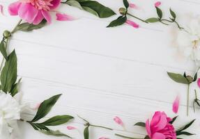 Pink and white peonies on a white wooden background, copy space, flat lay, greeting card. Valentine gift. valentine background photo