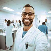 AI generated doctor in a white coat. he is very friendly and willing to help photo