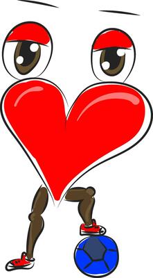 A heart with eyes and legs has placed his foot on a football vector or color illustration