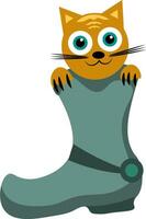 Painting of a funny cat peeping out of the blue boots vector or color illustration