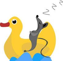 Drawing of a cute little mouse sleeping on a yellow ducks back vector or color illustration