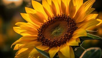 ai generado brillantemente iluminado girasol en naturaleza, amarillo pétalos, cerca arriba de planta generado por ai foto