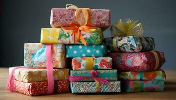 AI generated A large heap of wrapped gifts in various colorful packages generated by AI photo