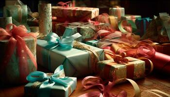 AI generated A stack of wrapped gift boxes, illuminated with joyous colors generated by AI photo