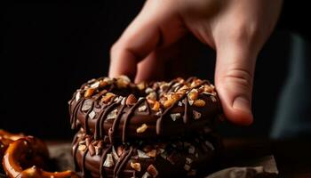 ai generado un delicioso hecho en casa chocolate rosquilla en un de madera mesa generado por ai foto