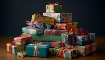 AI generated A large heap of wrapped gift boxes in vibrant colors generated by AI photo