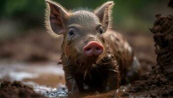 ai generado linda cerdito en lodo, al aire libre en granja, rodeado por naturaleza generado por ai foto