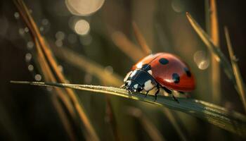 AI generated Ladybug on green leaf, dew drop, nature beauty in close up generated by AI photo