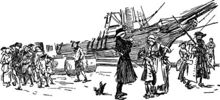 Group Standing in Front of Ship, vintage illustration vector