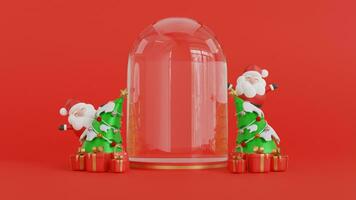 Christmas banner for product demonstration. blank pedestal or podium with bauble, candy cane and Christmas trees on red background. photo