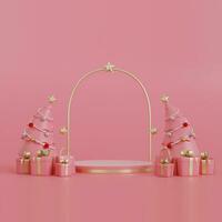 Christmas banner for product demonstration. blank pedestal or podium with bauble, candy cane and Christmas tree on pink background. 3d render illustration photo