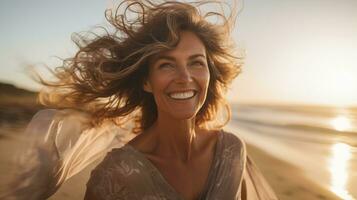 AI generated Radiant Woman Smiling on Sunny Beach AI generated photo