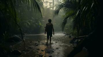 AI generated Hiker Wading Through Jungle Stream AI generated photo