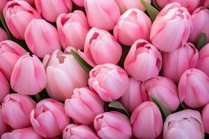 AI generated Pink tulips background. Beautiful bouquet of pink tulips close up. photo