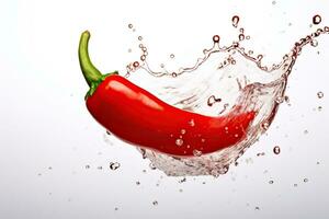 AI generated Red hot chilli pepper with splashing water isolated on white background. photo