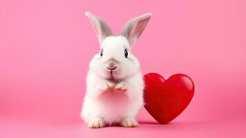 ai generado linda blanco Conejo con rojo corazón en rosado fondo, San Valentín día concepto. foto