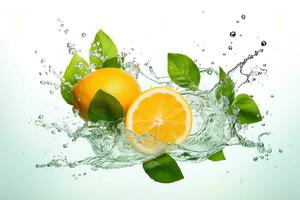 AI generated Fresh lemon falling into water with splash, isolated on white background. photo