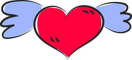 dibujos animados gracioso rojo corazón con azul alas vector o color ilustración
