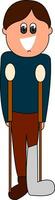 Cartoon boy with a bandage in his left leg and standing with his brown walking sticks vector or color illustration