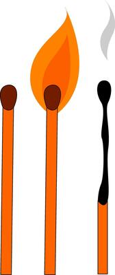 Clipart of three matchsticks, unburnt, glowing and put off aligned over white background, vector or color illustration