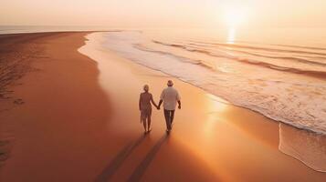 ai generado mayor Pareja participación manos en playa a puesta de sol ai generado foto