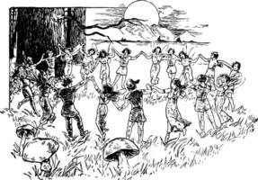 elfos y hadas bailando germánico mitología Clásico grabado. vector