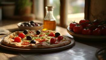 ai generado frescura en un de madera mesa hecho en casa Pizza con queso Mozzarella y aceitunas generado por ai foto