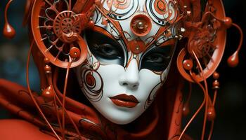 ai generado sonriente mujer en florido máscara encarna belleza y cultural celebracion generado por ai foto