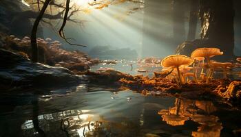 AI generated Autumn forest, wet leaf, yellow tree, tranquil pond, green grass generated by AI photo
