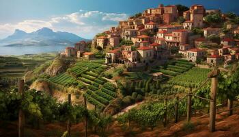 AI generated A picturesque vineyard nestled in the mountains, capturing Italian culture generated by AI photo