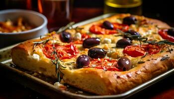 AI generated Freshly baked homemade pizza with mozzarella, tomato, and black olives generated by AI photo