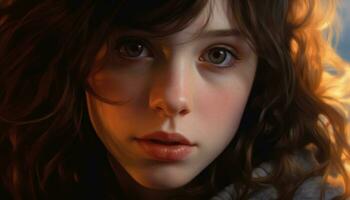 AI generated One cute child with brown hair looking at camera outdoors generated by AI photo