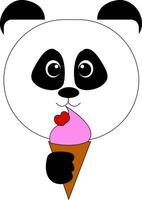 Cartoon panda holding a cone ice cream topped with a strawberry, vector or color illustration