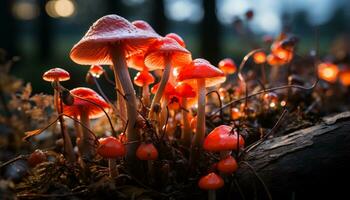 AI generated Close up of a slimy, orange fly agaric mushroom in the forest generated by AI photo