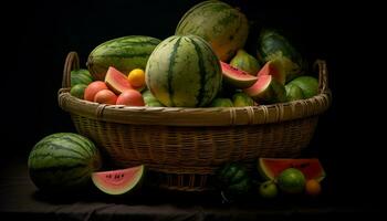 ai generado frescura de naturaleza generosidad en un vistoso mimbre Fruta cesta generado por ai foto