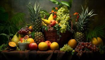 AI generated Freshness of nature bounty grape, pineapple, apple, orange, banana generated by AI photo