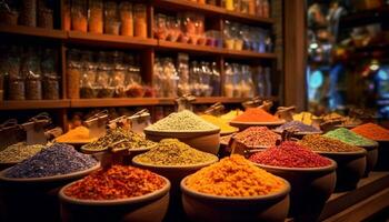 AI generated Variety of spices in a row, selling at a spice store generated by AI photo