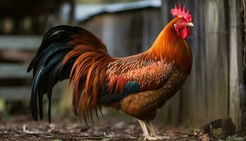 ai generado un majestuoso gallo soportes en un verde prado, picoteo para comida generado por ai foto