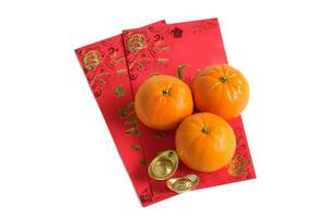 Happy New Year Chinese year of dragon 2024. Mandarin orange and gold ingots on red envelopes isolated on white background. photo