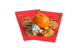 Happy New Year Chinese year of dragon 2024. Mandarin orange, dragon on red envelopes isolated on white background. photo