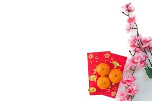 Top view of the Mandarin orange on red envelopes and gold ingot decorated with plum blossom isolated on white background. Copy space for text. Chinese New Year festival concept. photo