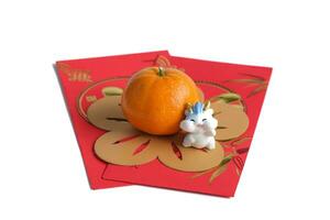 Happy New Year Chinese year of dragon 2024. Mandarin orange, dragon on red envelopes isolated on white background. photo