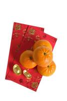 Happy New Year Chinese year of dragon 2024. Mandarin orange and gold ingots on red envelopes isolated on white background. photo